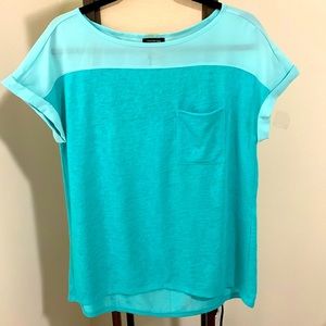 Calvin Klein Jeans multi-media top with rolled up tab sleeves in turquoise